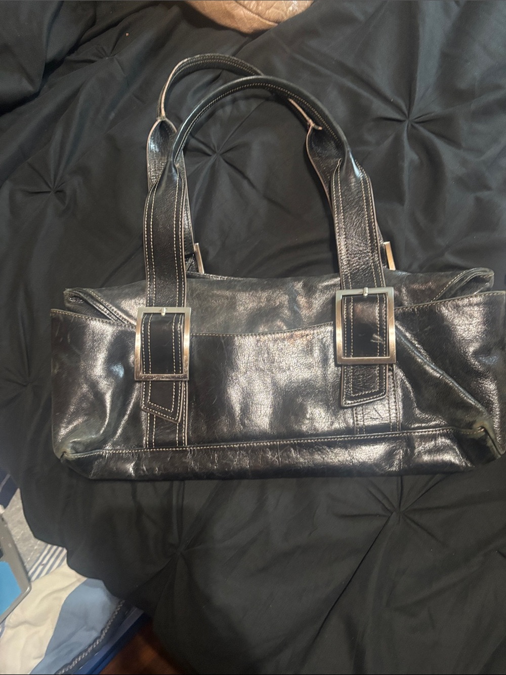 Kenneth Cole New York Black Leather Shoulder Bag with Buckle Straps